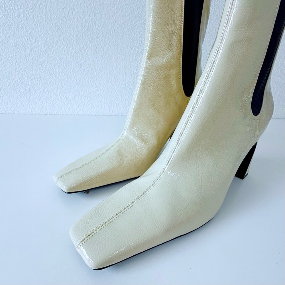 Zara Patent Square-Toe Heeled Ankle Boots-Ecru-Women’s Size 9 Vegan - Picture 7 of 14